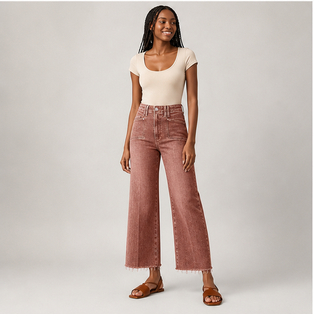 Womens High Waisted Cropped Jeans Trendy Stretchy Baggy Straight Leg Raw Hem Capri Denim Pants - model view