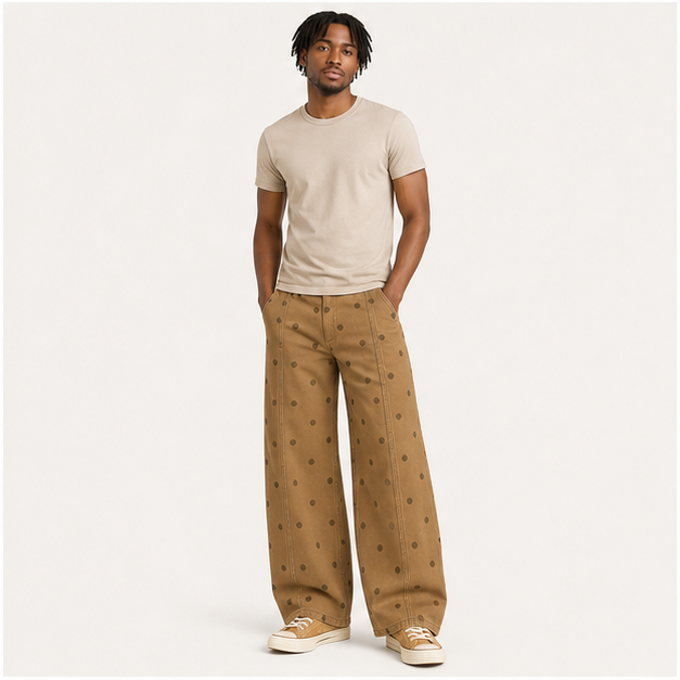 Women's 2026 Polka Dot Pattern Barrel Jeans Boyfriend Y2K Casual Wide Leg Mid Rise Denim Pants - model view